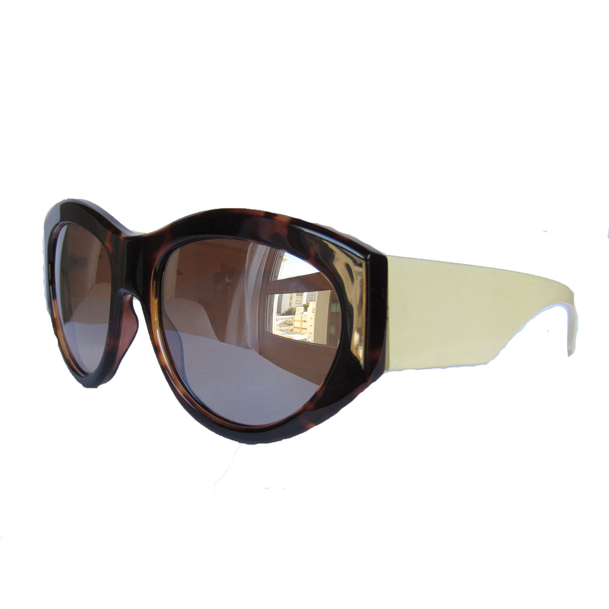 Mask Style Turtle Print Sunglasses w/ Ivory-Coloured Arms and Silver Mirrored Lenses