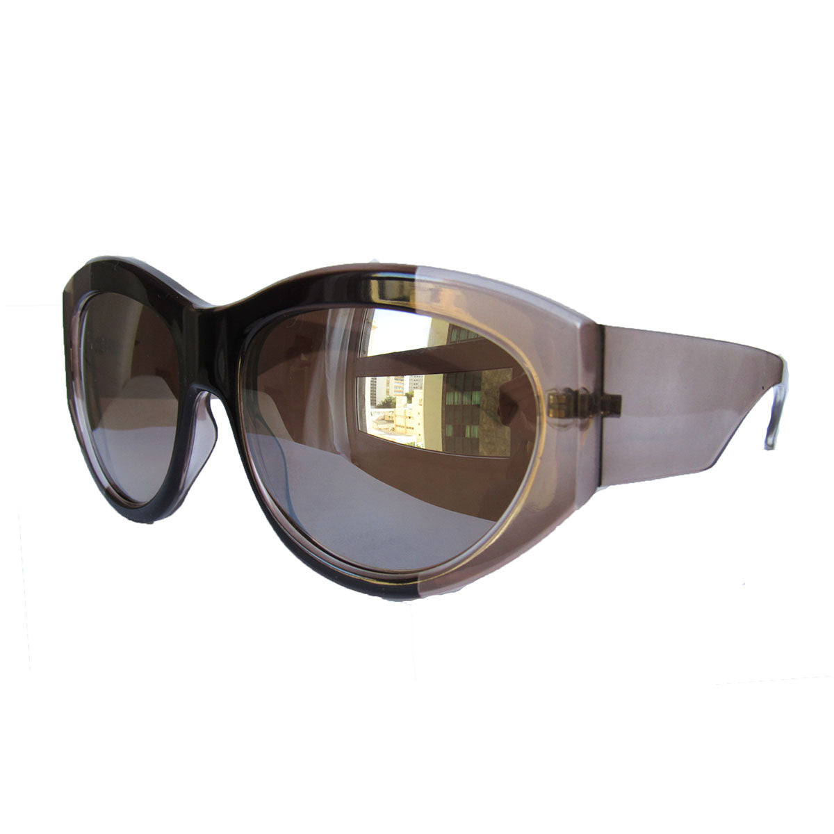 Mask Style Brown and Crystal Brown Bicoloured Sunglasses w/ Silver Mirrored Lenses