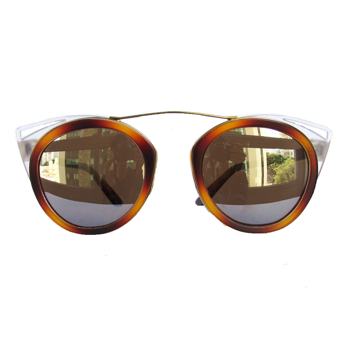 Round Caramel Coloured Sunglasses w/  Cat Eye Detail and Silver Mirrored Lenses